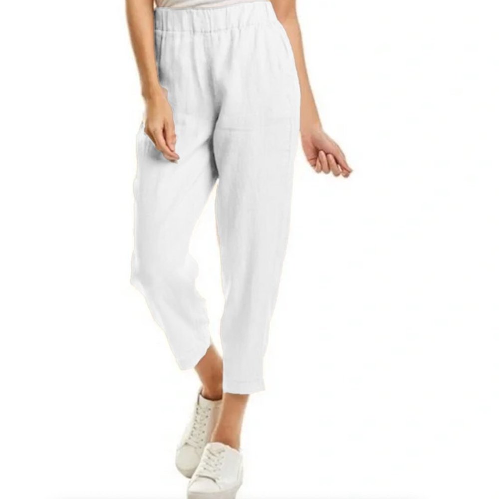 Michael Stars Rima Bright White 100% Linen Tapered Crop Pants Sz Large